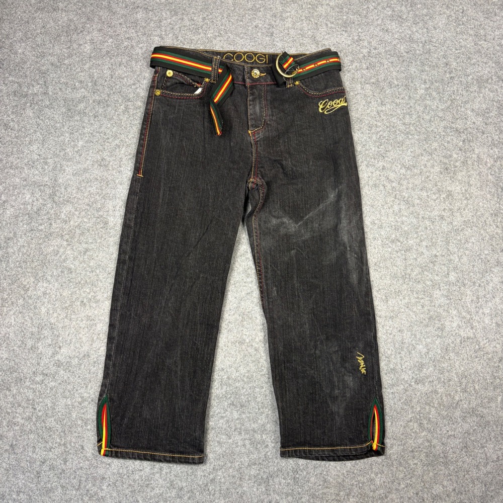 Coogi Black Denim Rasta Jeans Embroidered Wide Leg Kids Size 16 with Belt